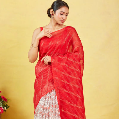 Red Handloom Tussar Silk Saree With Partly Printed Motifs