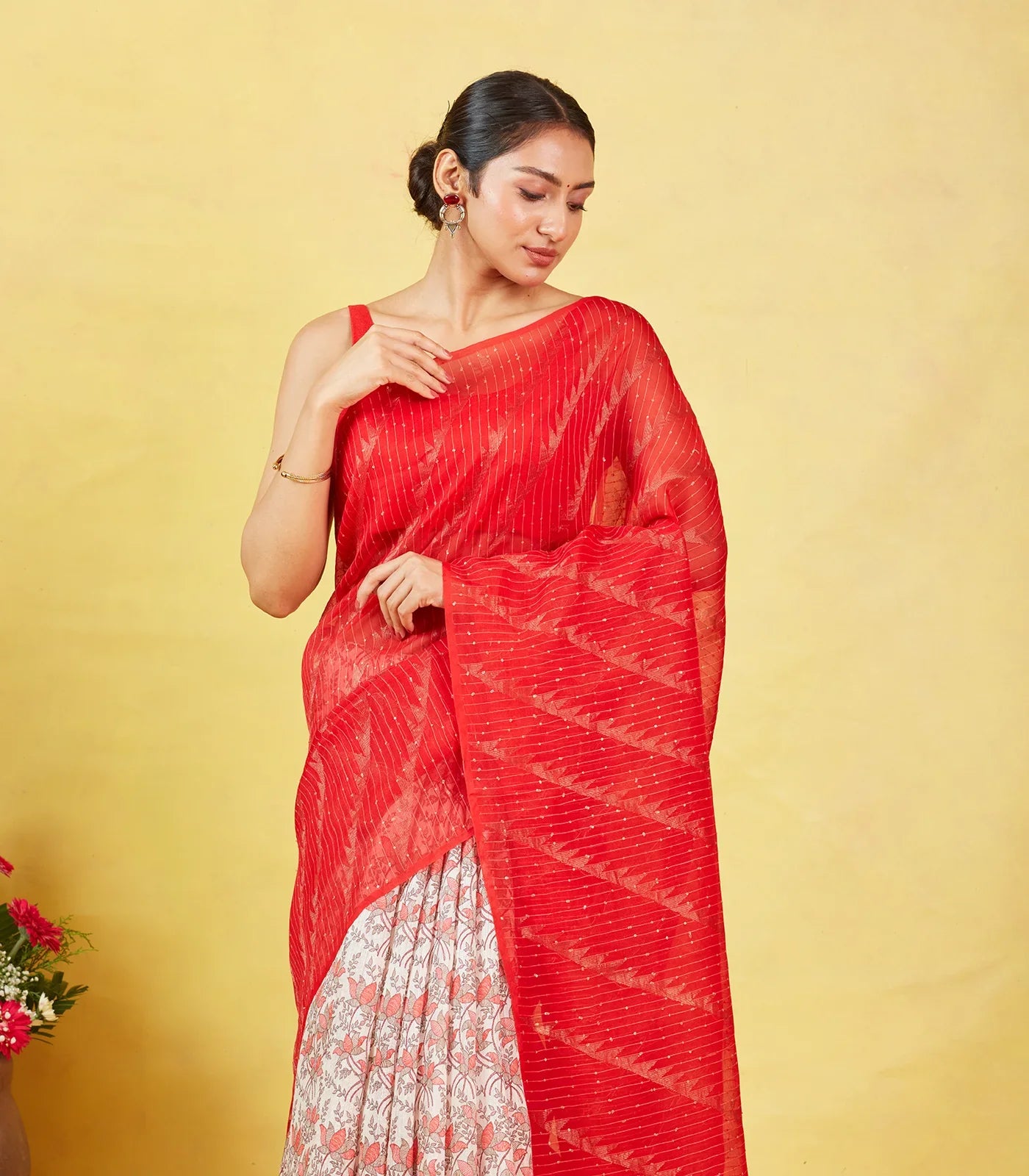 Red Handloom Tussar Silk Saree With Partly Printed Motifs
