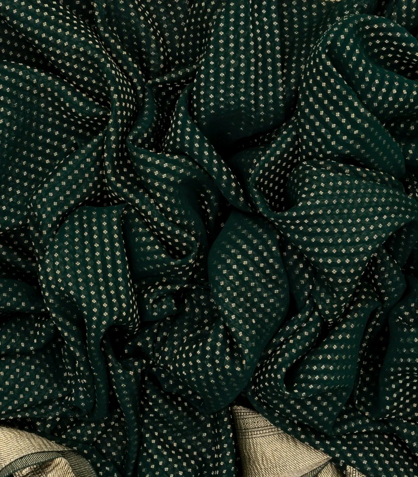 Bottle Green Mysore Crepe Silk Saree With Floral Motifs & Zari Border