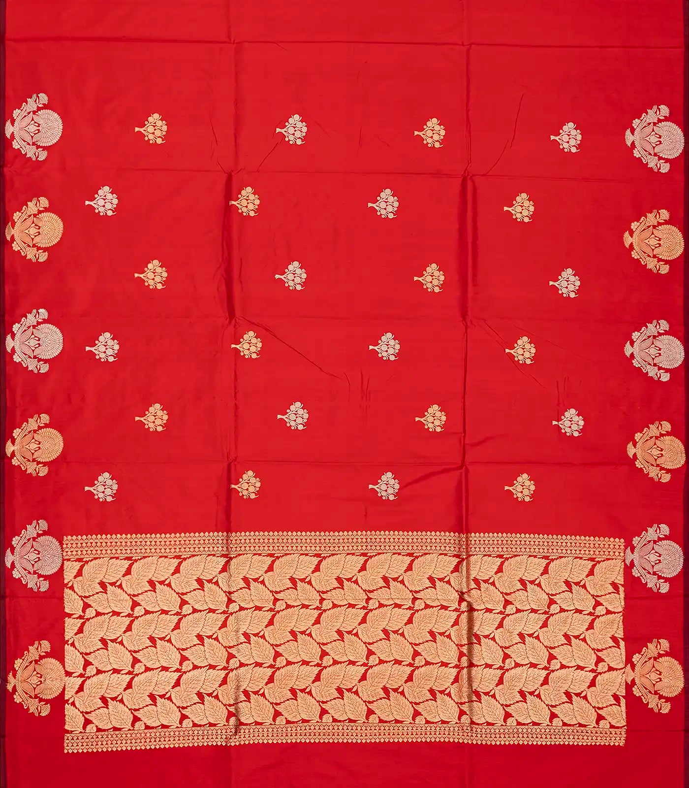 Red Handloom Banarasi Silk Saree With Floral Buttas