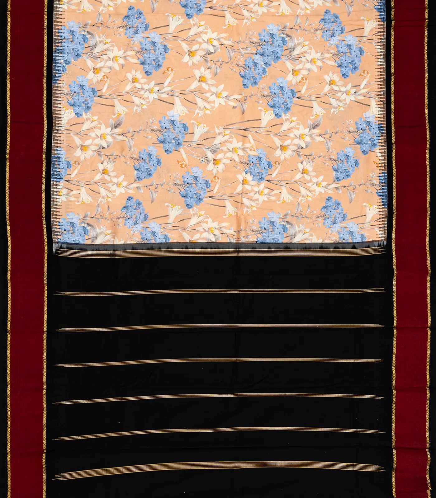 Light Peach Handloom Kanchipuram Korvai Silk Saree Printed With Floral Motifs