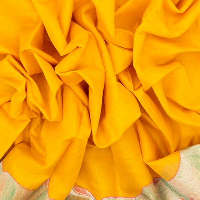 Mustard Handloom Plain Kanchipuram Silk Saree With Abstract Motifs In Border