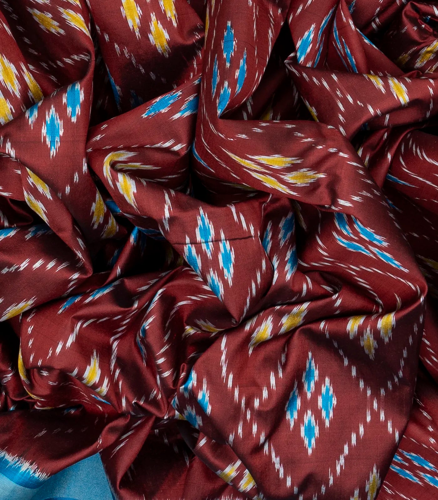 Maroon Handloom Ikat Silk Saree With Contrast Blue Border