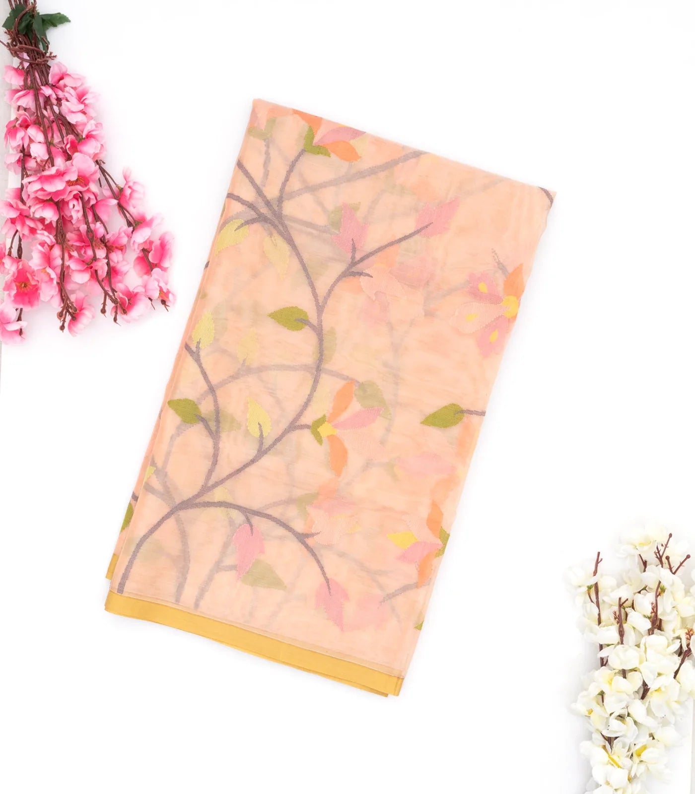 Light Peach Handwoven Banarasi Organza Silk Saree With Floral Motifs