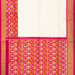 White Handloom Ikat Silk Saree With Contrast Pink Border