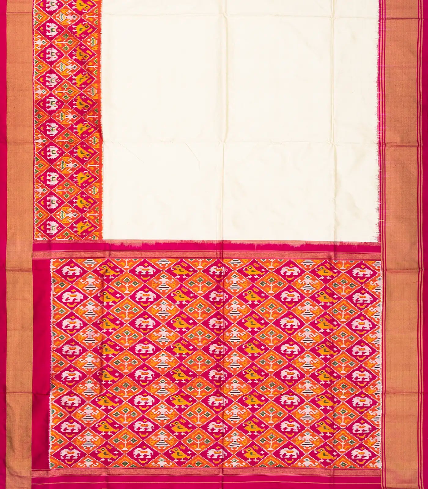 White Handloom Ikat Silk Saree With Contrast Pink Border