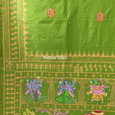 Parrot Green Arjuna Bows to Navagunjara Pure Hand-Painted Pattachitra Saree