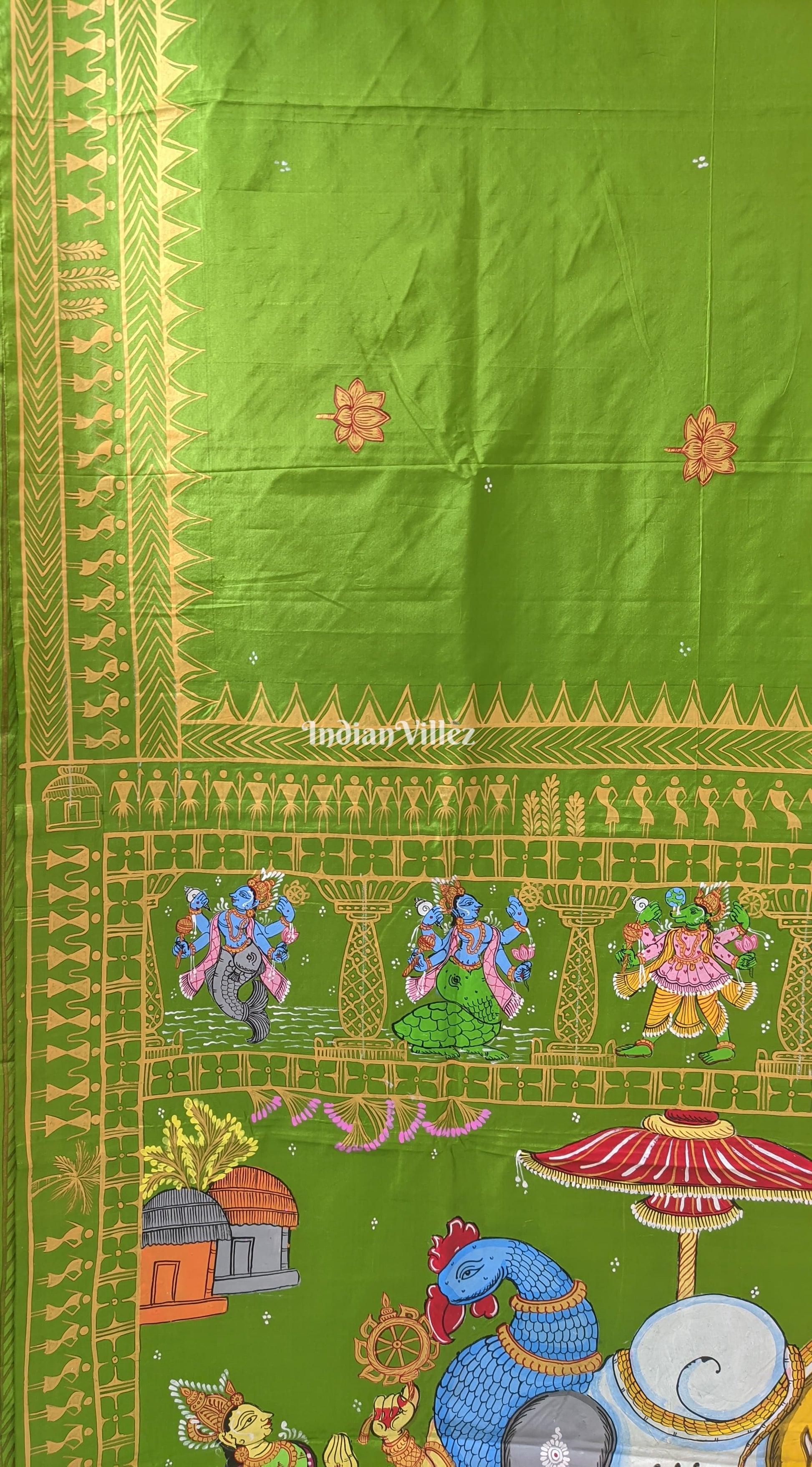 Parrot Green Arjuna Bows to Navagunjara Pure Hand-Painted Pattachitra Saree