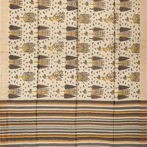 Taupe Handloom Tussar Silk Saree With Yellow Printed Motifs