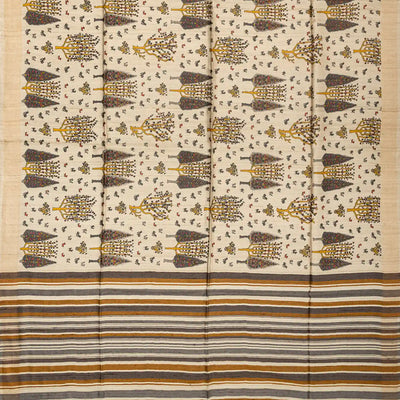 Taupe Handloom Tussar Silk Saree With Yellow Printed Motifs
