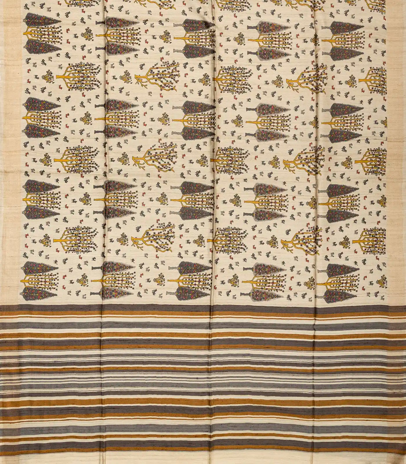 Taupe Handloom Tussar Silk Saree With Yellow Printed Motifs