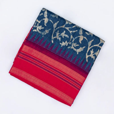 Navy Blue Handloom Tussar Silk Saree With Printed Floral Motifs & Contrast Border