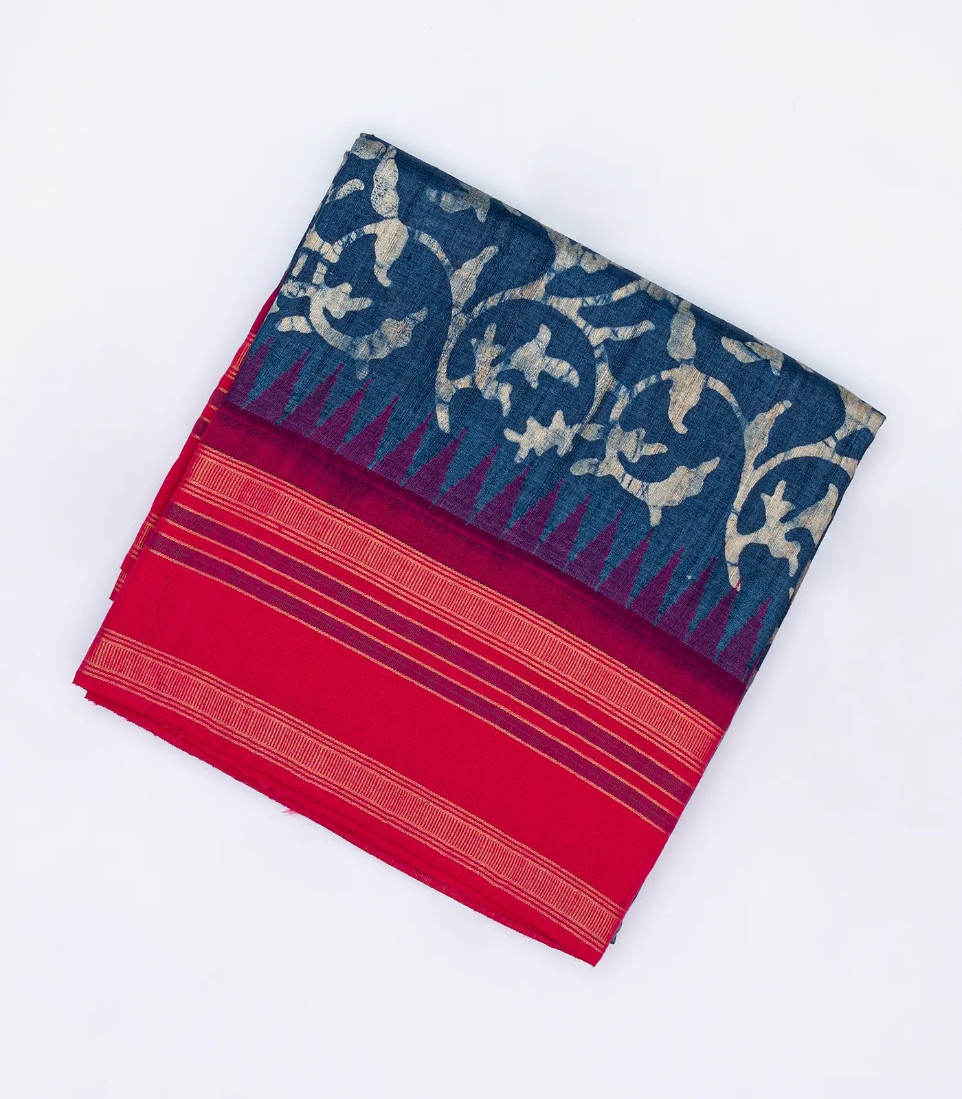 Navy Blue Handloom Tussar Silk Saree With Printed Floral Motifs & Contrast Border