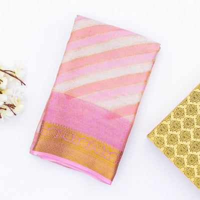 Bubble-gum Pink Mysore Crepe Silk Saree With Diagonal Stripes