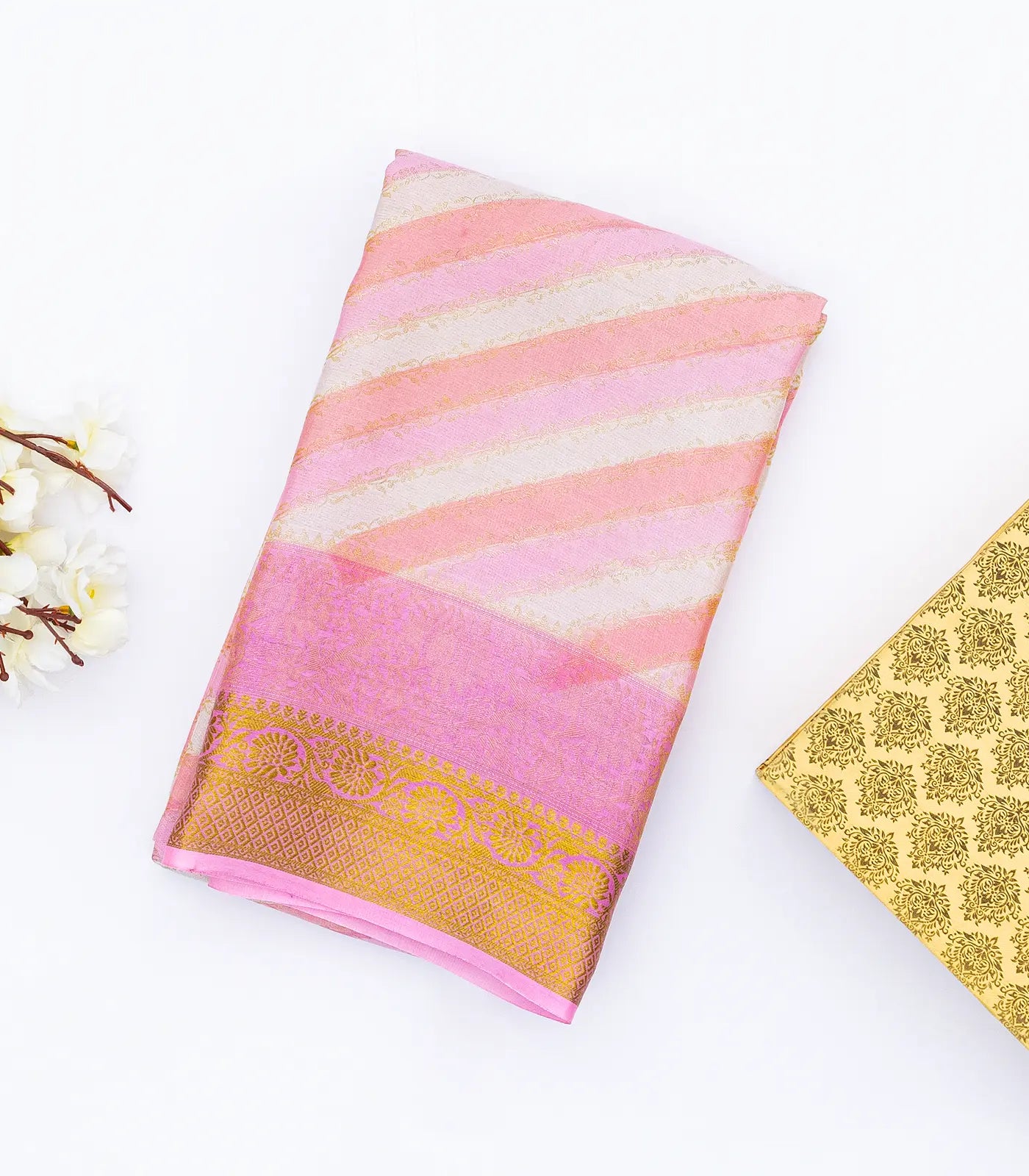 Bubble-gum Pink Mysore Crepe Silk Saree With Diagonal Stripes