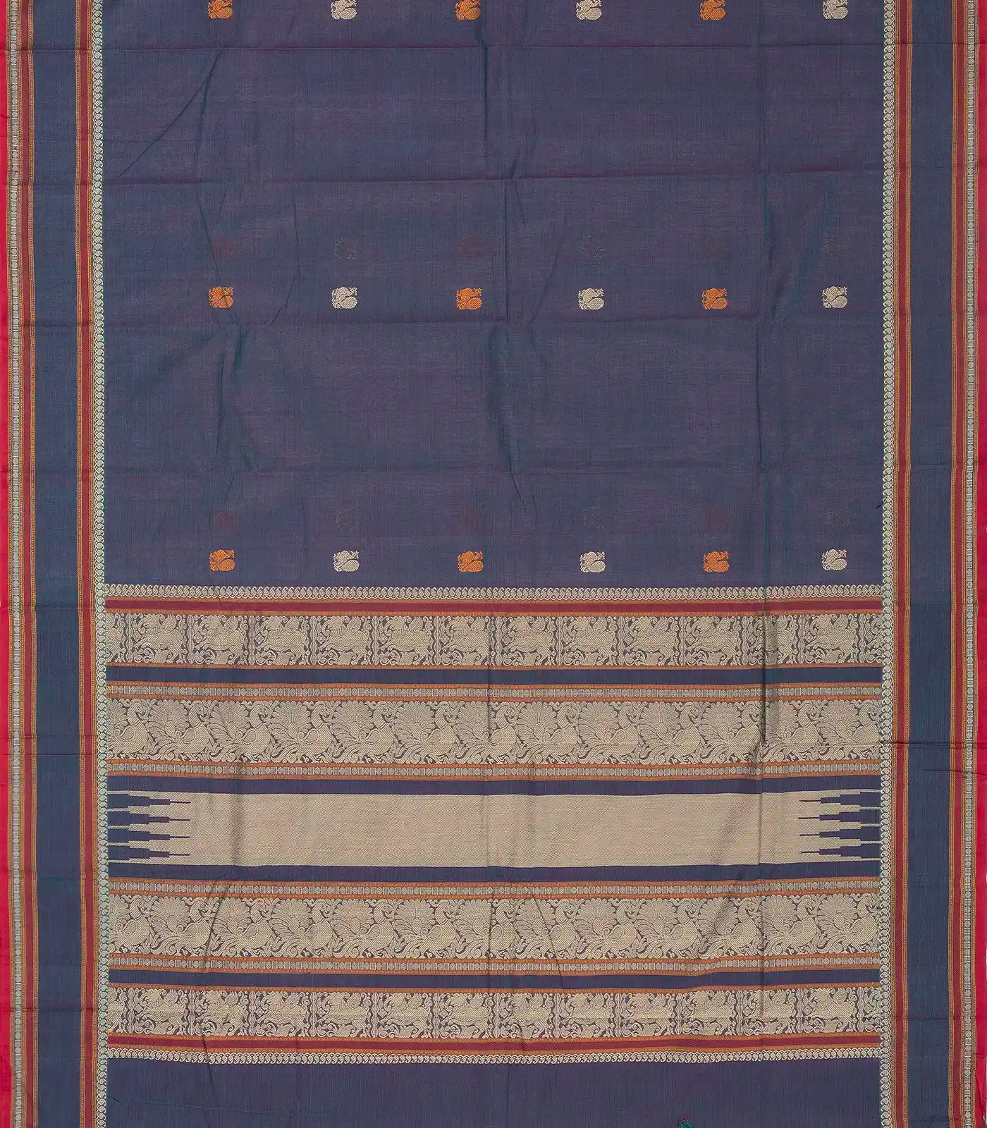 Grey Handloom Kanchi Cotton Saree With Annam Buttas