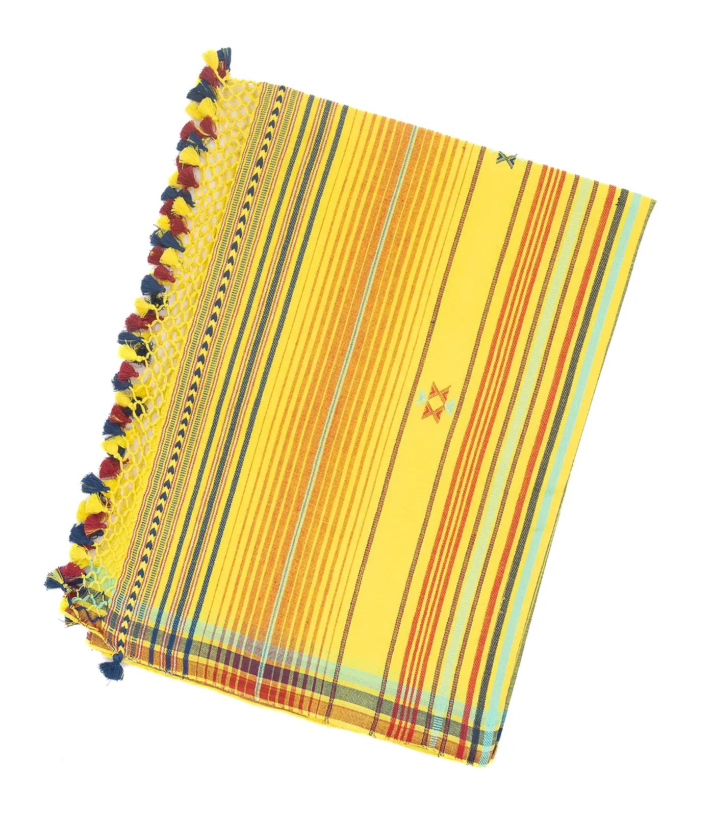 Lemon Yellow Handloom Bhujodi Cotton Saree With Buttas