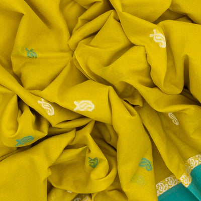 Lime Green Handloom Bengal Cotton Saree With Mango Buttas