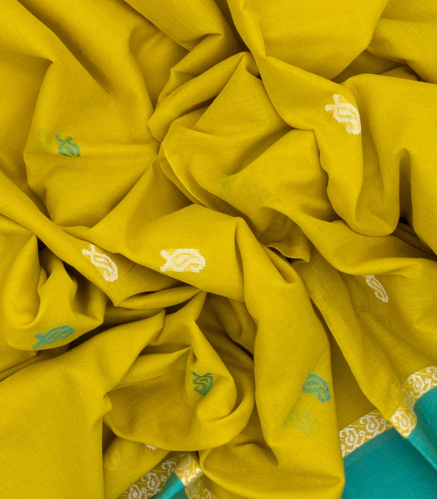 Lime Green Handloom Bengal Cotton Saree With Mango Buttas