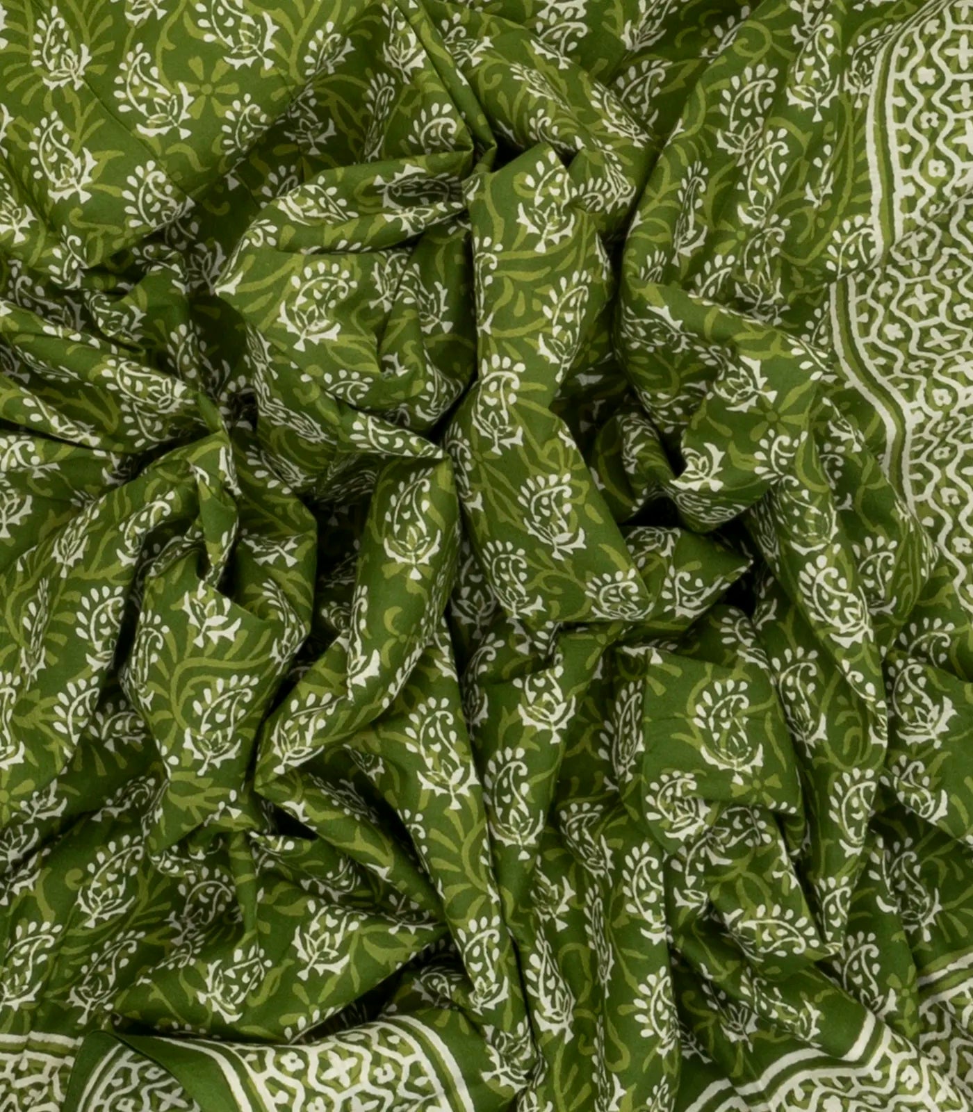 Leafy Green Woven Jaipur Cotton Saree Printed With White Floral Motifs