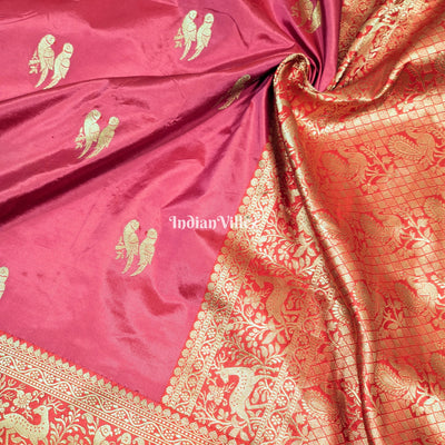 Pink Peach Parrot Handwoven Banarasi Katan Silk Saree