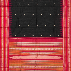 Black Handloom Korvai Kanchi Cotton Saree With Annam And Rudaksham Motifs in A Pink Border