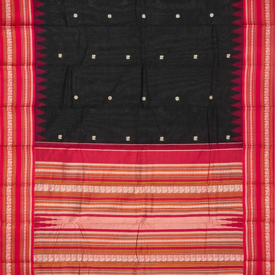 Black Handloom Korvai Kanchi Cotton Saree With Annam And Rudaksham Motifs in A Pink Border