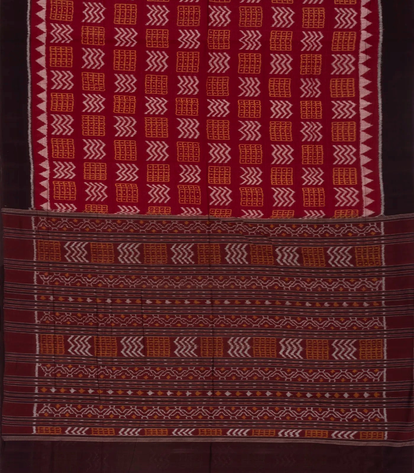 Crimson Handwoven Orissa Cotton Saree With Tie & Dye Chevron Motifs