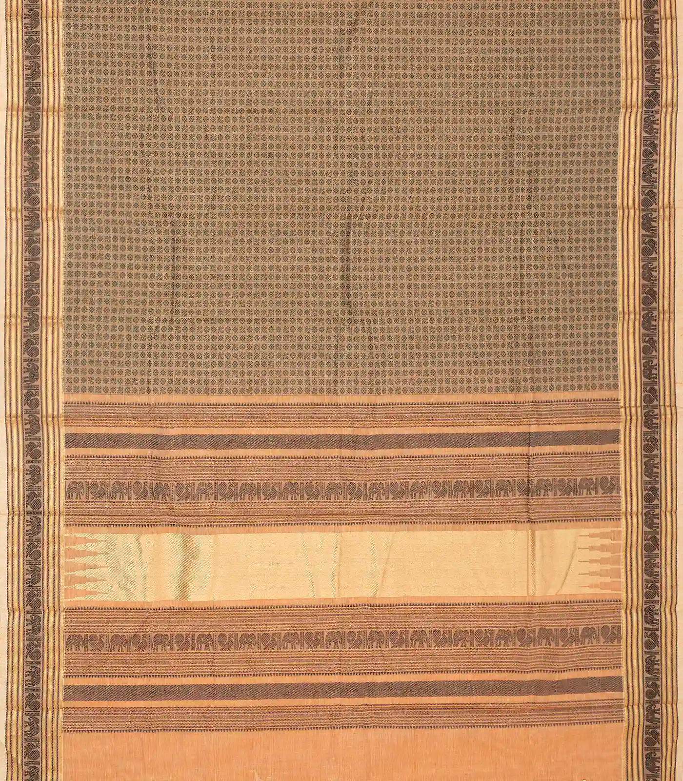 Taupe Handloom Kanchi Cotton Saree With Annam Chakaram Motifs