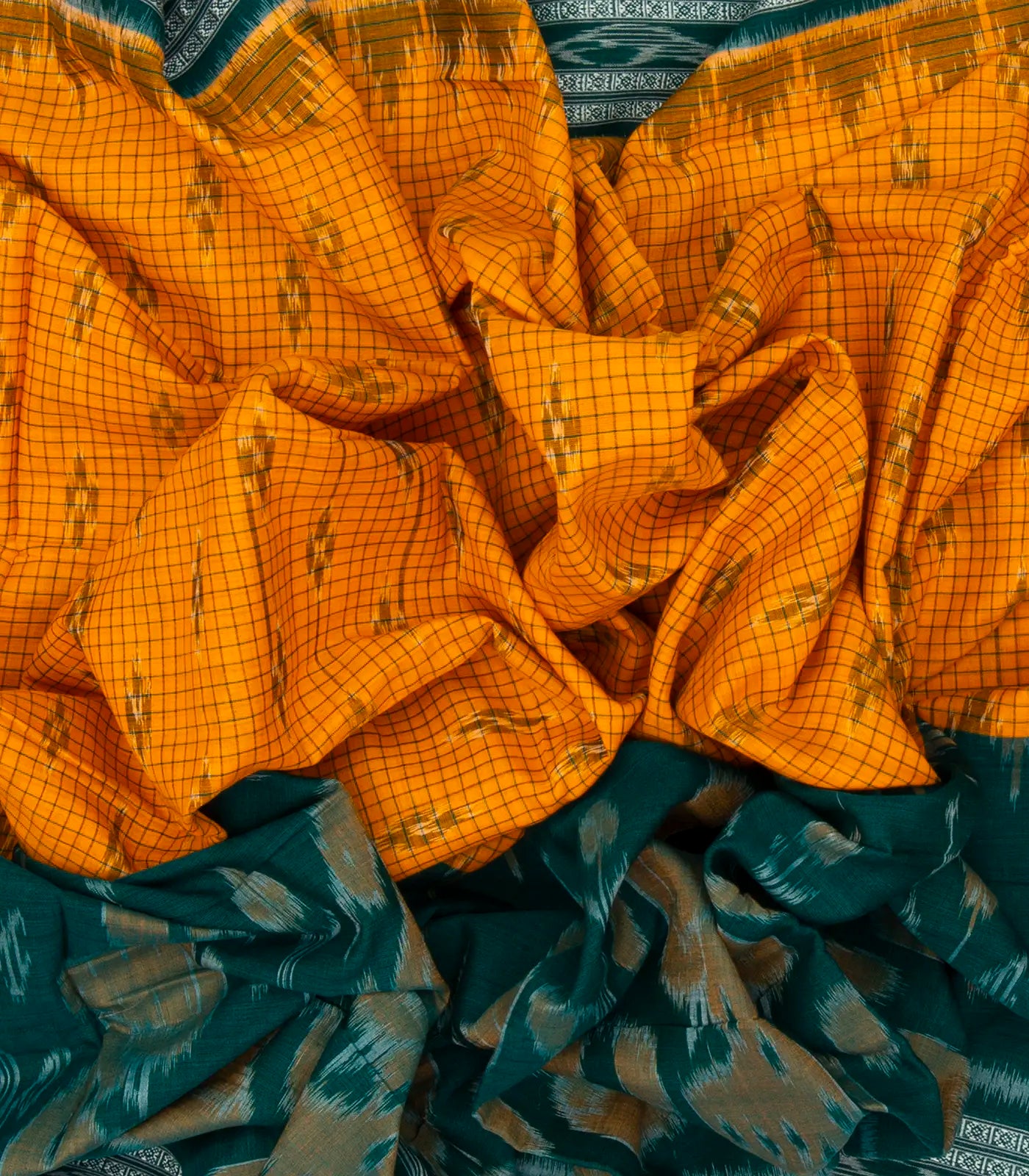 Mustard Handloom Orissa Cotton Saree With Teal Border