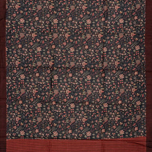 Dark Grey Handloom Tussar Silk Saree With Printed With Floral Motifs
