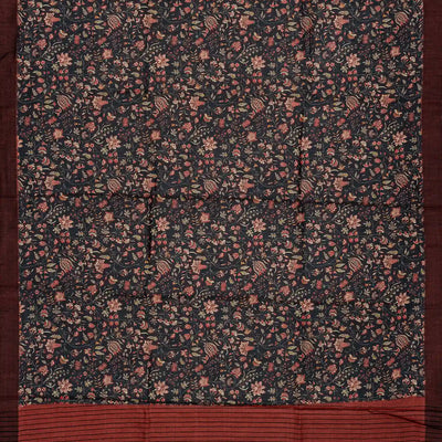 Dark Grey Handloom Tussar Silk Saree With Printed With Floral Motifs