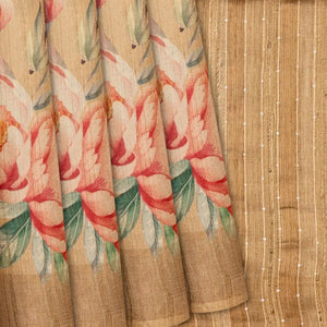 Beige Handloom Tussar Silk Saree With Printed Crane Motifs-Beige