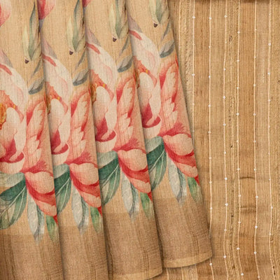 Beige Handloom Tussar Silk Saree With Printed Crane Motifs-Beige