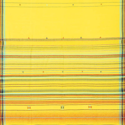 Lemon Yellow Handloom Bhujodi Cotton Saree With Buttas