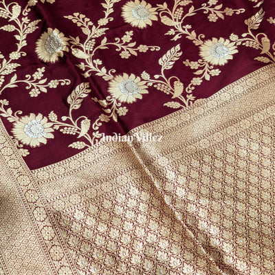 Wine Floral Motif Designer Banarasi Katan Silk Saree