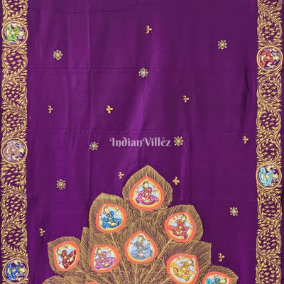 Purple PEACOCK (Mayur) & Nartaki Theme Pattachitra Saree