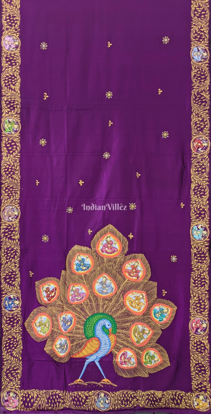 Purple PEACOCK (Mayur) & Nartaki Theme Pattachitra Saree