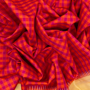 Pink & Orange Handloom Kanchipuram Korvai Silk Saree With Checks