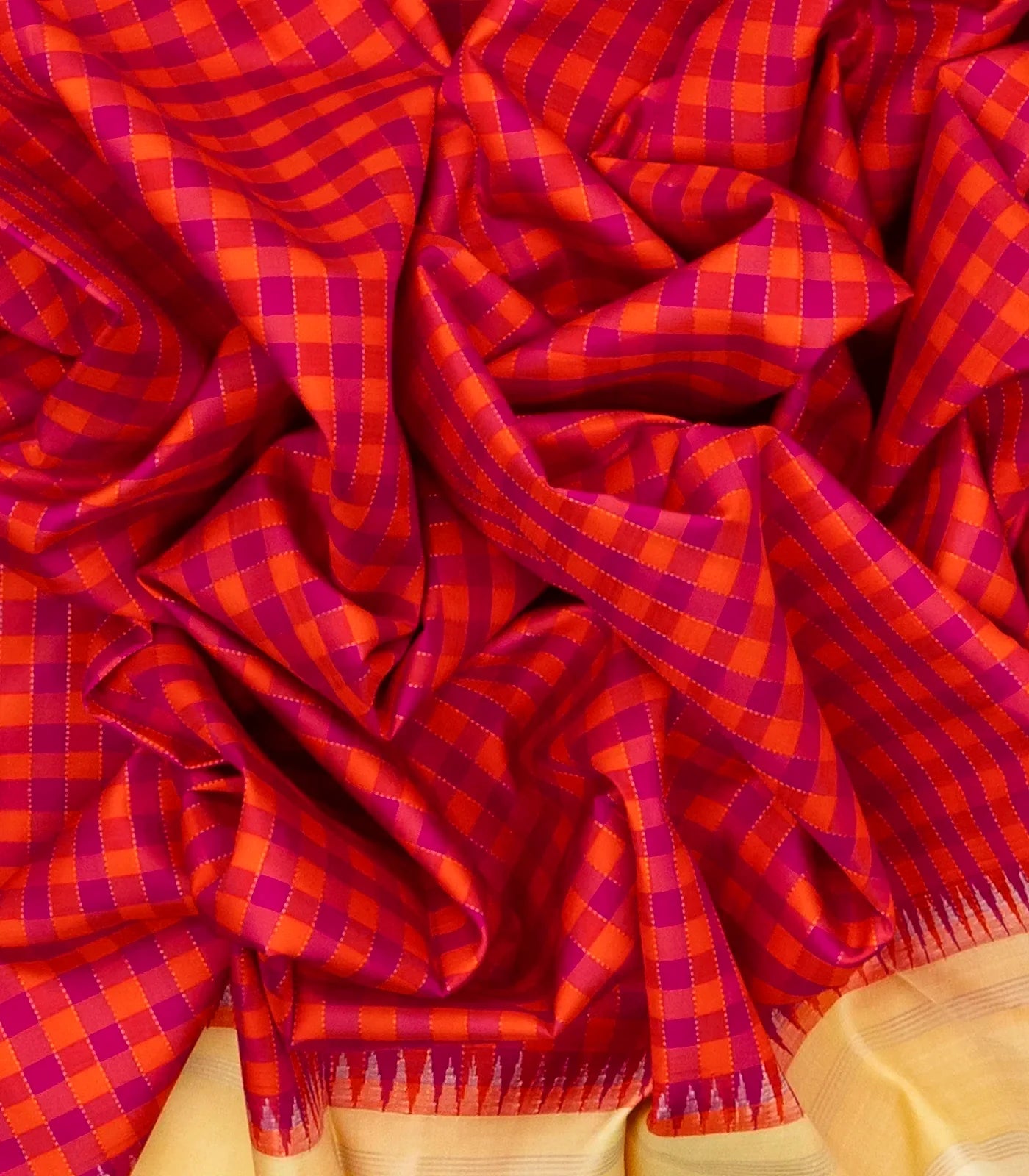 Pink & Orange Handloom Kanchipuram Korvai Silk Saree With Checks