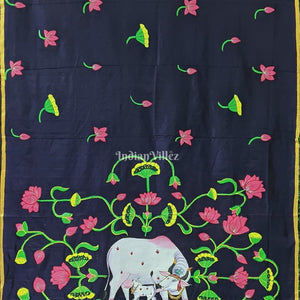 Hand Painted Pichwai Art on Blue Mulberry Silk Saree
