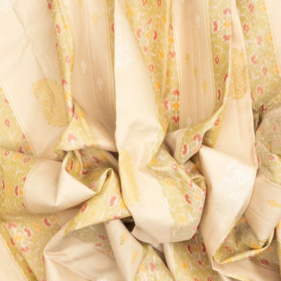 Cream Handloom Kanchipuram Silk Saree With Ikat Floral Buttas