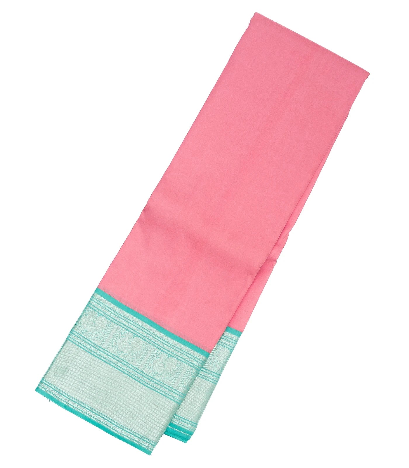 Bubblegum Pink Handloom Kanchipuram Korvai Silk Saree With Turquoise Border