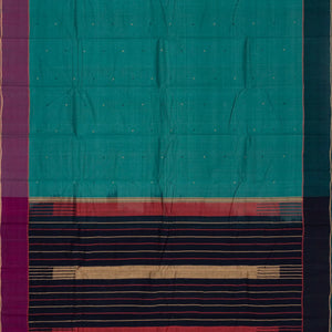 Cyan Handloom Kanchi Cotton Saree With Coin Buttas