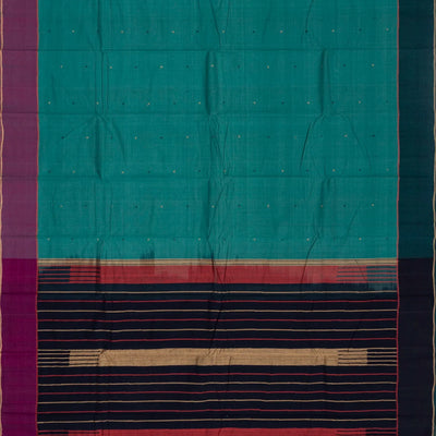 Cyan Handloom Kanchi Cotton Saree With Coin Buttas