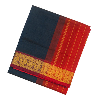 Midnight Blue Handloom Silk Cotton Saree With Zari Stripes