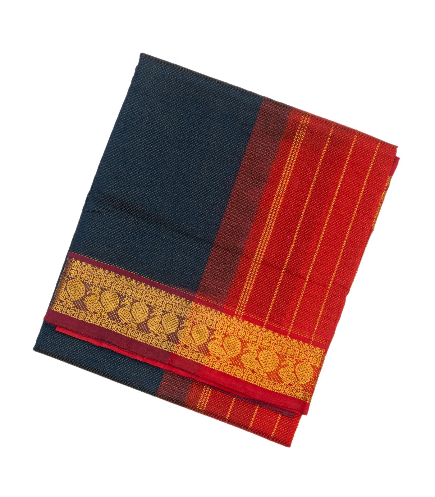 Midnight Blue Handloom Silk Cotton Saree With Zari Stripes
