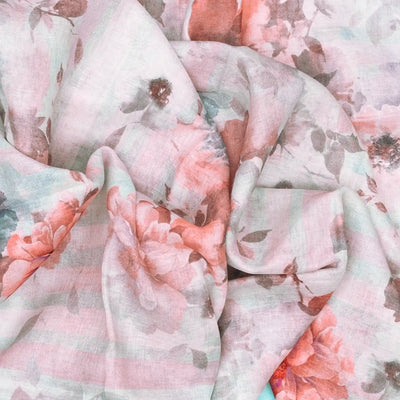 Sky Blue Handloom Linen Saree With Printed Flowers