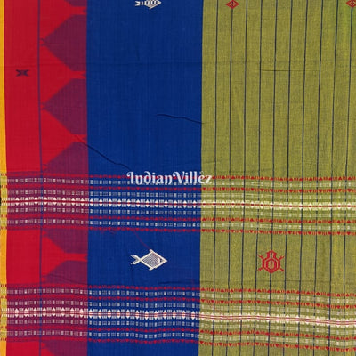 Kotpad Natural Dye Odisha Handloom Saree (Moss Green and Blue with Red Border)