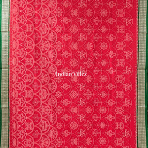 Reddish Orange Green Sambalpuri Bomkai Silk Saree